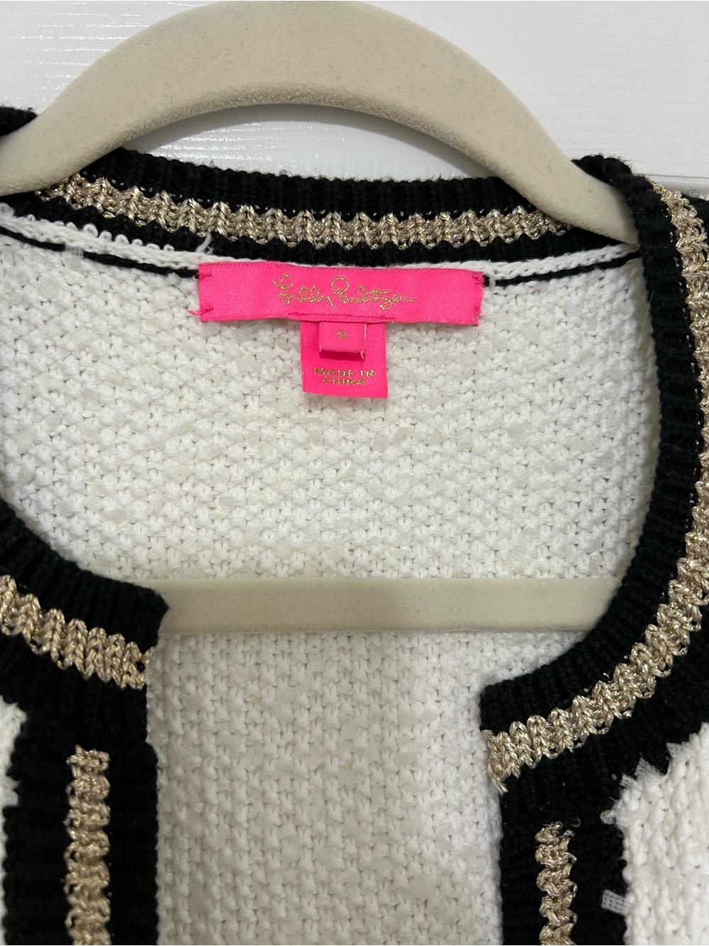 Lilly pulitzer cream bouclé cardigan with gold and black trim size S - Picture 5 of 9